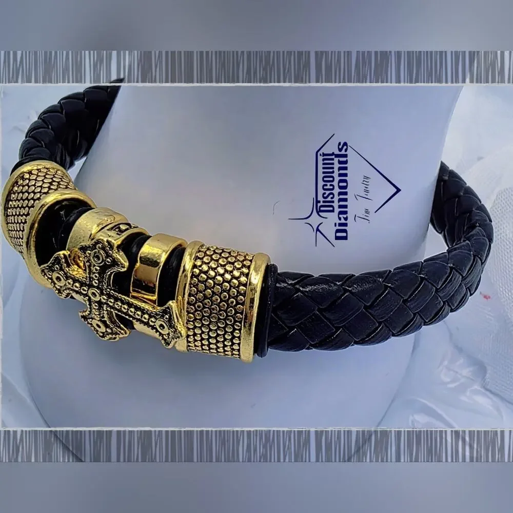 Black Braded Leather with 18K Yellow Gold Plated Black Titanium